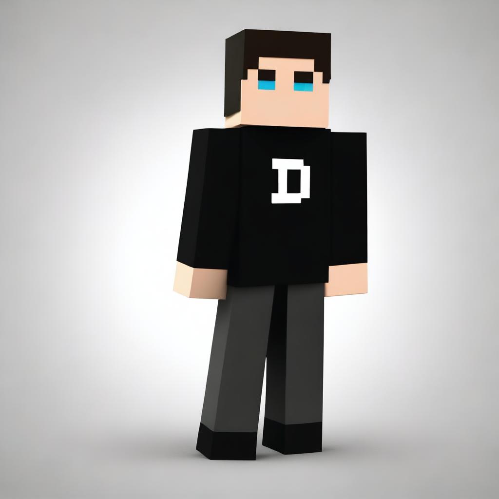 Create a realistic Minecraft character wearing casual black clothing in a realistic, ultra HD, high-quality background