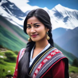 A beautiful Nepali girl with black, long hair, wearing traditional Nepali attire