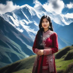 A beautiful Nepali girl with black, long hair, wearing traditional Nepali attire