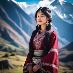 A beautiful Nepali girl with black, long hair, wearing traditional Nepali attire