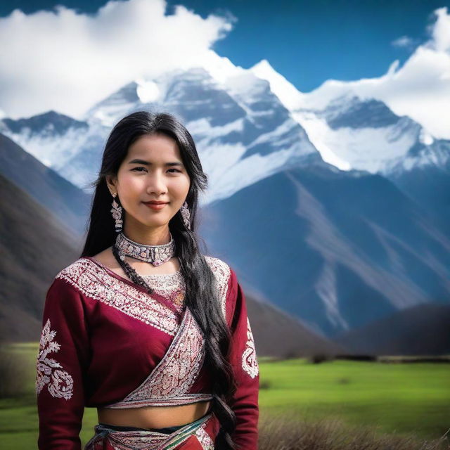 A beautiful Nepali girl with black, long hair, wearing traditional Nepali attire