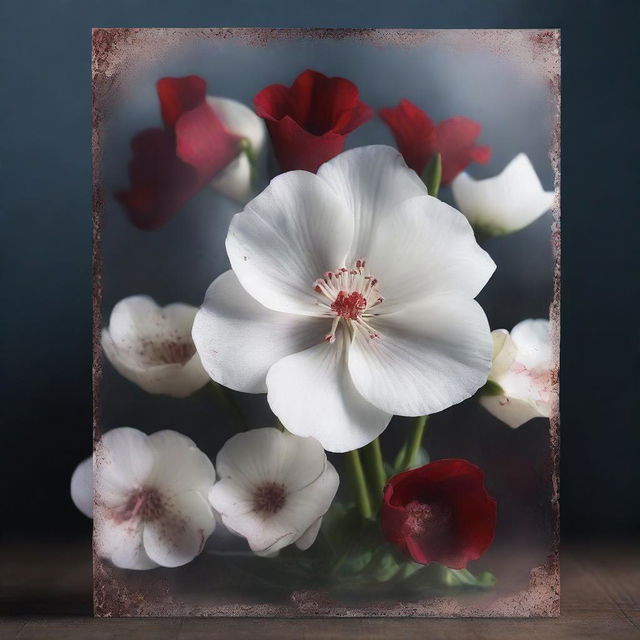 A fantasy book cover featuring blood-stained white flowers seen through a glass pane