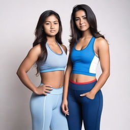 A dark-skinned Nepali girl with black, long hair, wearing leggings, an open blue jacket, and a white sports bra