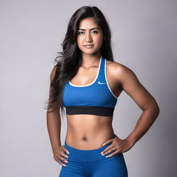 A dark-skinned Nepali girl with black, long hair, wearing leggings, an open blue jacket, and a white sports bra