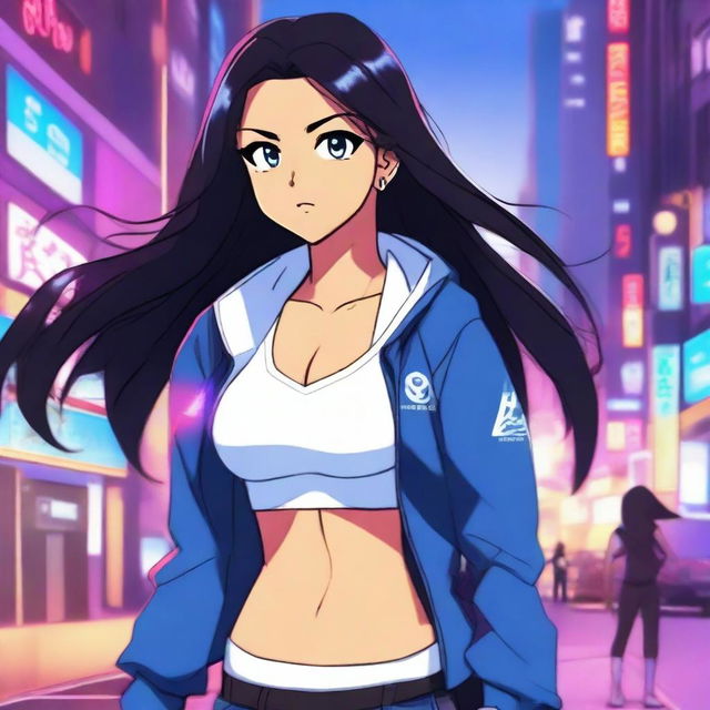 A dark-skinned Nepali girl with long black hair, wearing leggings, an open blue jacket, and a white sports bra, depicted in anime style