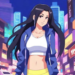 A dark-skinned Nepali girl with long black hair, wearing leggings, an open blue jacket, and a white sports bra, depicted in anime style