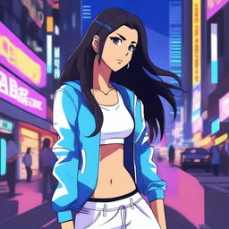 A dark-skinned Nepali girl with long black hair, wearing leggings, an open blue jacket, and a white sports bra, depicted in anime style