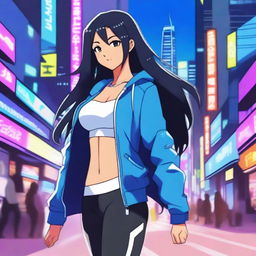 A dark-skinned Nepali girl with long black hair, wearing leggings, an open blue jacket, and a white sports bra, depicted in anime style