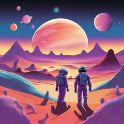 A vivid desert landscape with several planets visible in the sky
