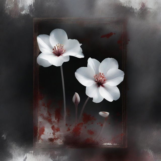 A fantasy book cover featuring blood-stained white flowers seen through a glass pane