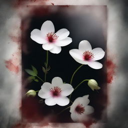 A fantasy book cover featuring blood-stained white flowers seen through a glass pane