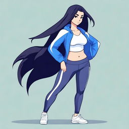 A dark-skinned Nepali waifu with long black hair, wearing leggings, an open blue jacket, and a white sports bra