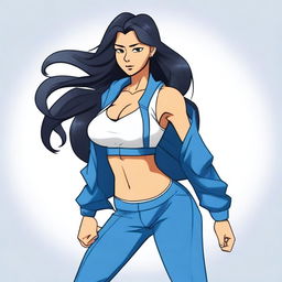 A dark-skinned Nepali waifu with long black hair, wearing leggings, an open blue jacket, and a white sports bra