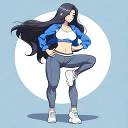 A dark-skinned Nepali waifu with long black hair, wearing leggings, an open blue jacket, and a white sports bra