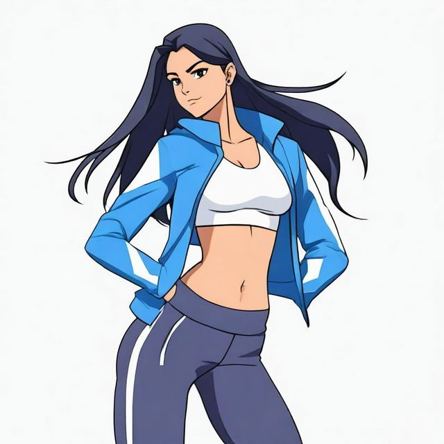 A dark-skinned Nepali waifu with long black hair, wearing leggings, an open blue jacket, and a white sports bra