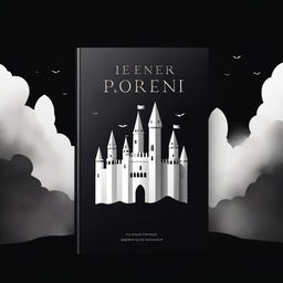 A fantasy book cover with an all-black background featuring a white castle