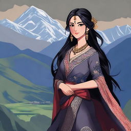 A beautiful, dark-skinned Nepali waifu with long, flowing black hair