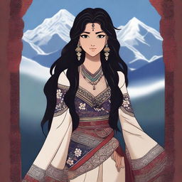 A beautiful, dark-skinned Nepali waifu with long, flowing black hair