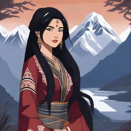 A beautiful, dark-skinned Nepali waifu with long, flowing black hair