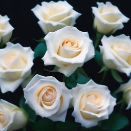 A detailed image of white roses with drops of blood on their petals, set against a dark and mystical background