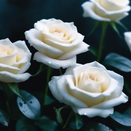 A detailed image of white roses with drops of blood on their petals, set against a dark and mystical background