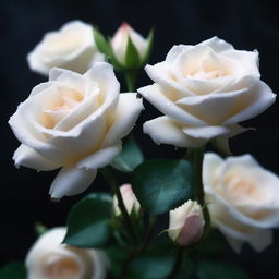 A detailed image of white roses with drops of blood on their petals, set against a dark and mystical background