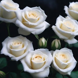 A detailed image of white roses with drops of blood on their petals, set against a dark and mystical background