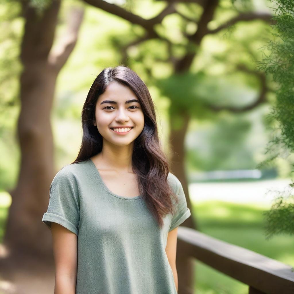 A 21-year-old woman with a friendly and approachable expression, casually dressed, standing in a natural outdoor setting with greenery in the background