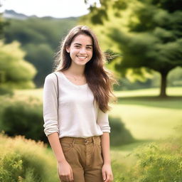 A 21-year-old woman with a friendly and approachable expression, casually dressed, standing in a natural outdoor setting with greenery in the background