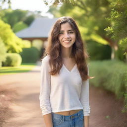 A 21-year-old woman with a friendly and approachable expression, casually dressed, standing in a natural outdoor setting with greenery in the background