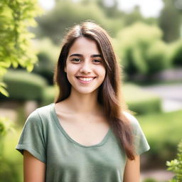 A 21-year-old woman with a friendly and approachable expression, casually dressed, standing in a natural outdoor setting with greenery in the background