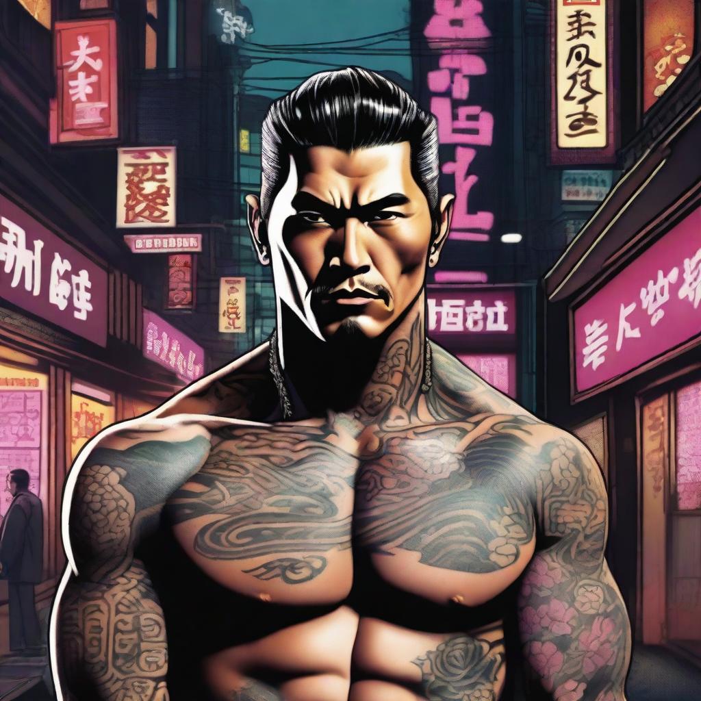 A detailed illustration of a Japanese Yakuza member dressed in traditional attire with intricate tattoos