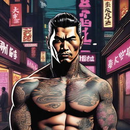A detailed illustration of a Japanese Yakuza member dressed in traditional attire with intricate tattoos