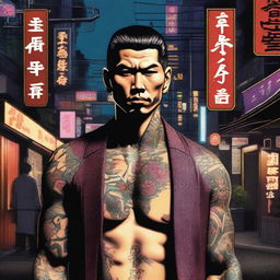 A detailed illustration of a Japanese Yakuza member dressed in traditional attire with intricate tattoos