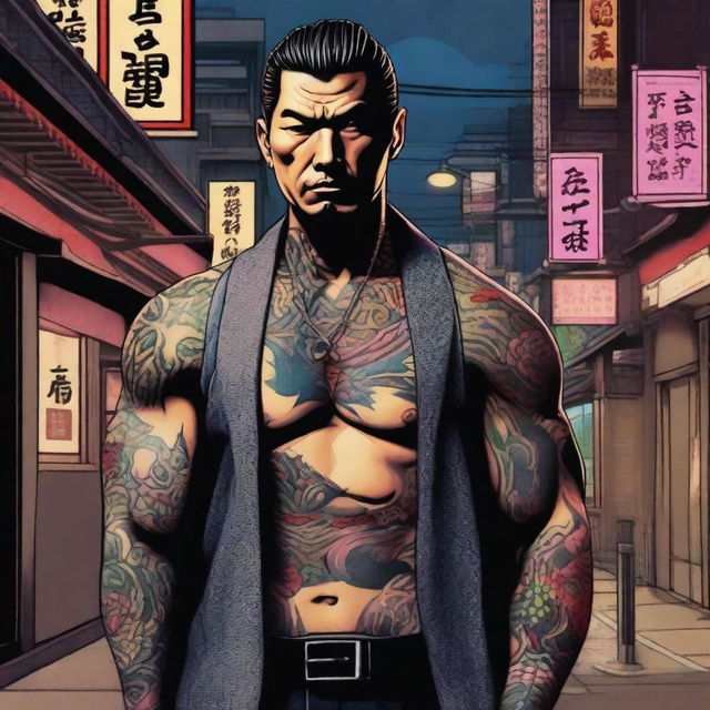 A detailed illustration of a Japanese Yakuza member dressed in traditional attire with intricate tattoos