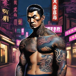 A detailed illustration of a Japanese Yakuza member dressed in traditional attire with intricate tattoos