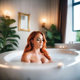 WWE superstar Becky Lynch relaxing in a luxurious bathtub, wearing a bikini