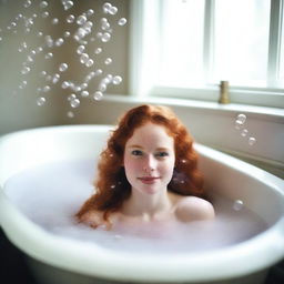 A 20-year-old redhead woman relaxing in a bathtub filled with bubbles