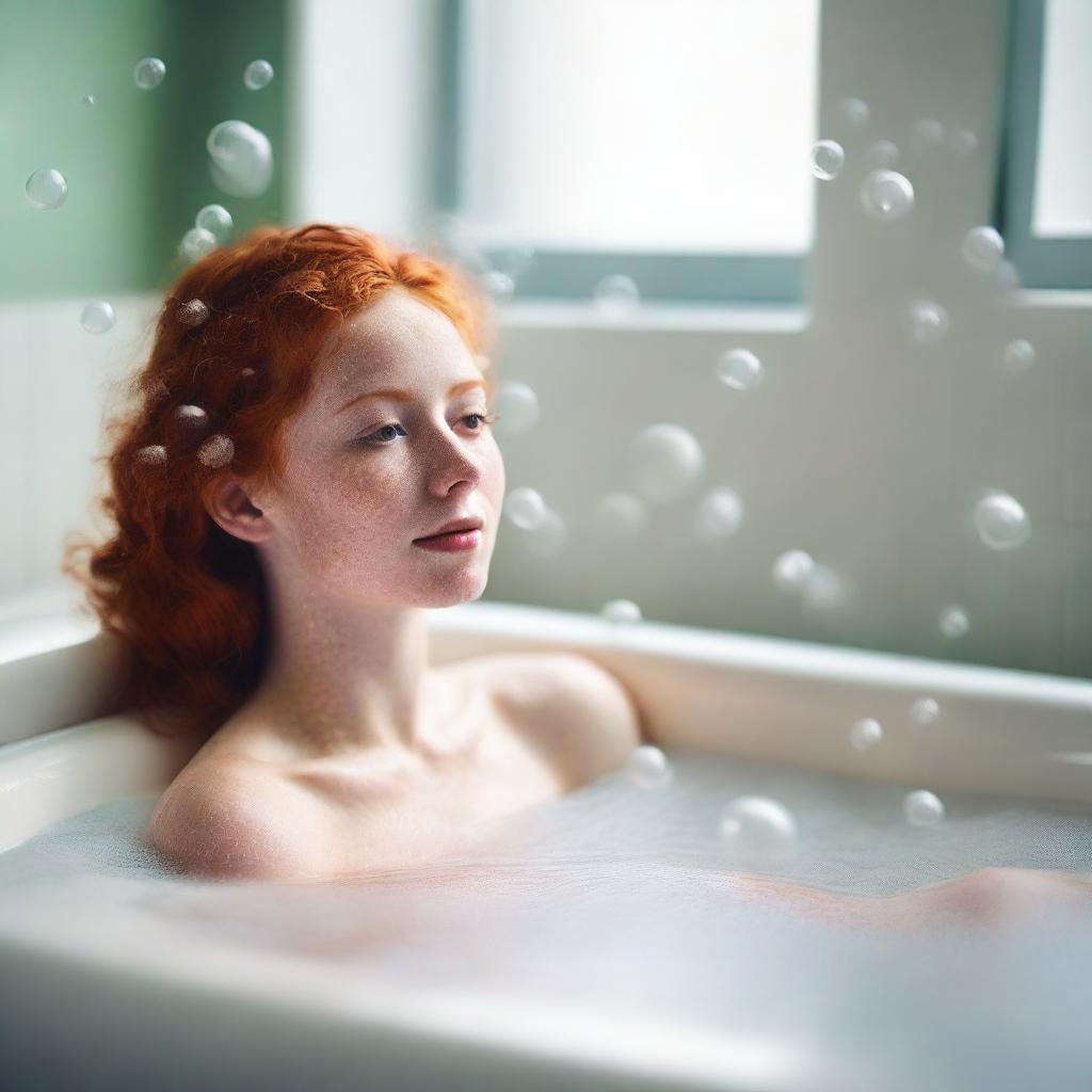 A 20-year-old redhead woman relaxing in a bathtub filled with bubbles