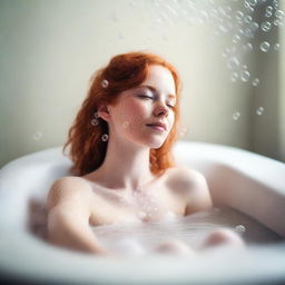 A 20-year-old redhead woman relaxing in a bathtub filled with bubbles