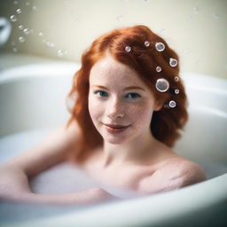 A 20-year-old redhead woman relaxing in a bathtub filled with bubbles