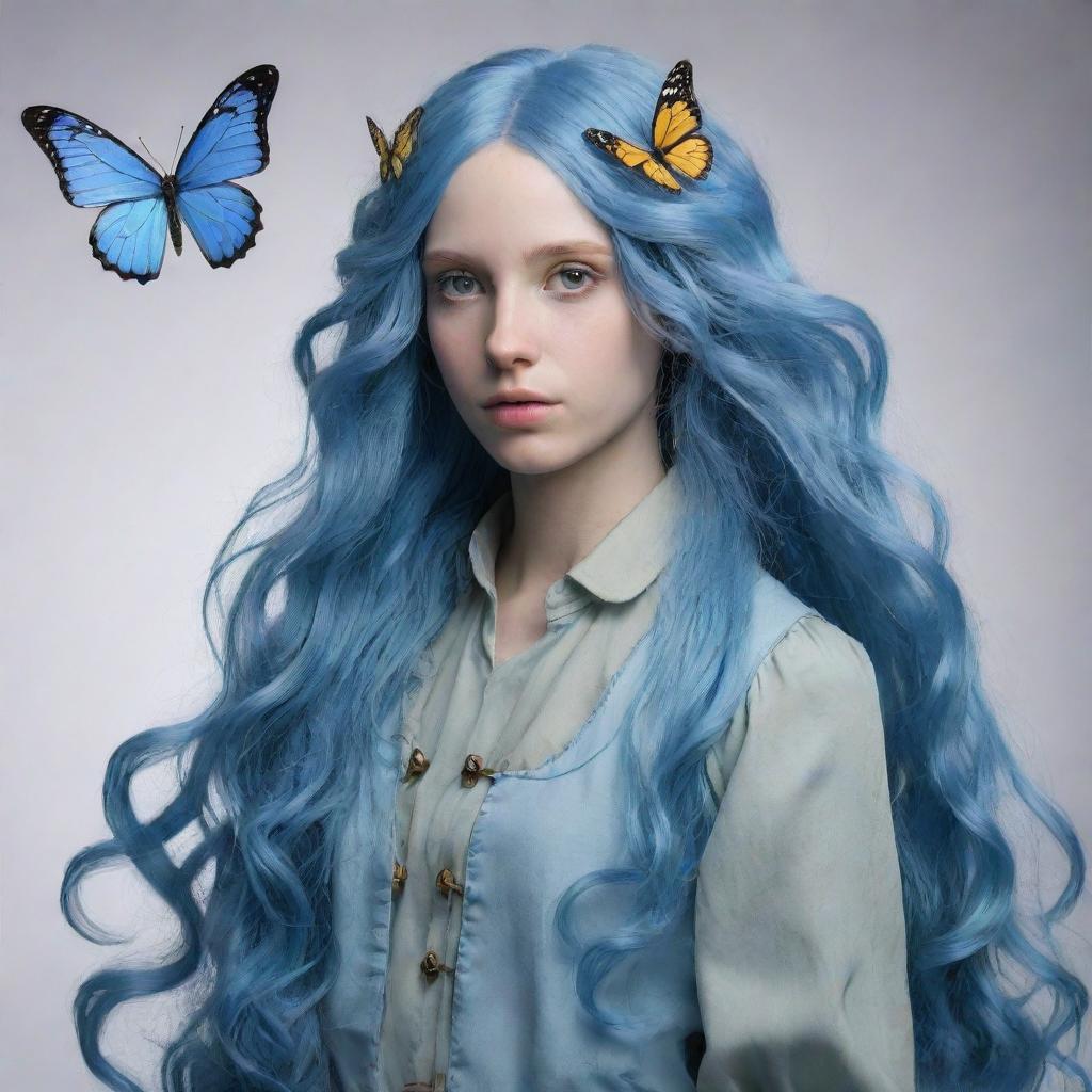 A treifling character having long wavy blue hair and pale blue skin, dressed in a foraging attire inspired by the aesthetics of butterflies.