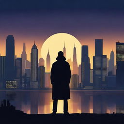 Create a captivating film poster with a dramatic scene, featuring a mysterious protagonist standing against a city skyline at dusk