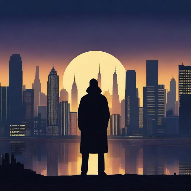 Create a captivating film poster with a dramatic scene, featuring a mysterious protagonist standing against a city skyline at dusk