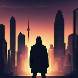 Create a captivating film poster with a dramatic scene, featuring a mysterious protagonist standing against a city skyline at dusk