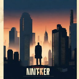 Create a captivating film poster with a dramatic scene, featuring a mysterious protagonist standing against a city skyline at dusk