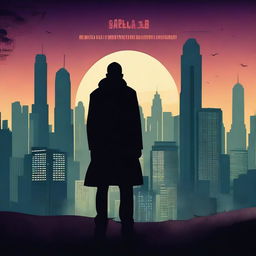 Create a captivating film poster with a dramatic scene, featuring a mysterious protagonist standing against a city skyline at dusk