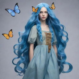 A treifling character having long wavy blue hair and pale blue skin, dressed in a foraging attire inspired by the aesthetics of butterflies.