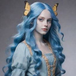 A treifling character having long wavy blue hair and pale blue skin, dressed in a foraging attire inspired by the aesthetics of butterflies.