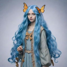 A treifling character having long wavy blue hair and pale blue skin, dressed in a foraging attire inspired by the aesthetics of butterflies.